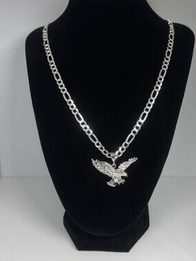925 Sterling Silver Eagle Pendant Necklace 24 Inch Figaro Chain 22 Grams